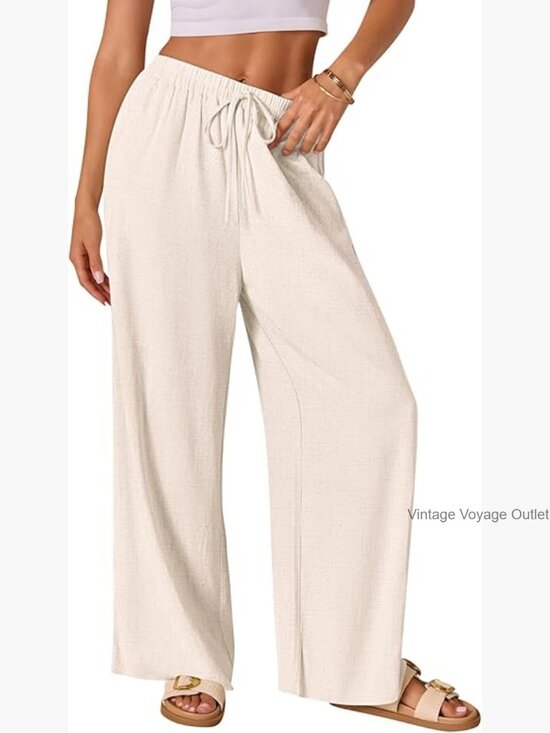 Pants - Cotton Linen Palazzo Pants Wide Leg Drawstring Waist Casual Lounge Trousers